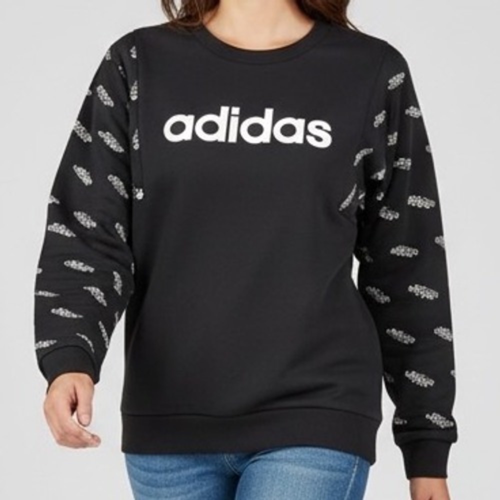 Vtg Adidas Black Crew Neck Sweatshirt All Over Logo Print Long Sleeve Small
